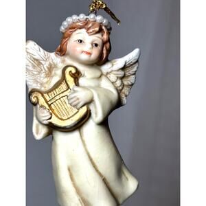 Vintage Pearl halo porcelain Christmas ornament house of Lloyd playing‎ harp